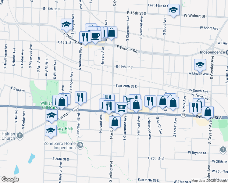 map of restaurants, bars, coffee shops, grocery stores, and more near 11200 East 21st Street in Independence