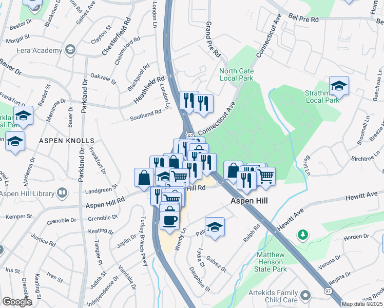 map of restaurants, bars, coffee shops, grocery stores, and more near 13920 Georgia Avenue in Silver Spring