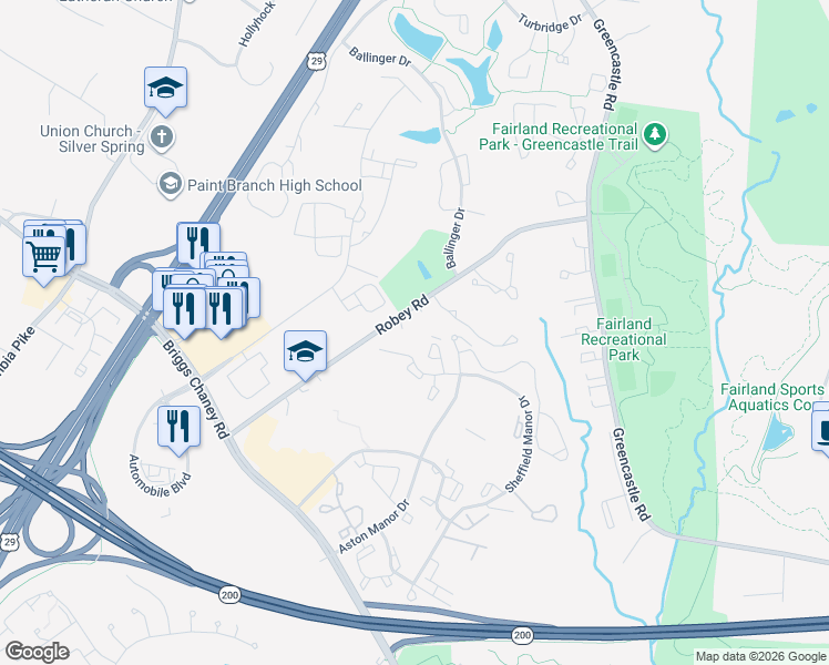 map of restaurants, bars, coffee shops, grocery stores, and more near 3401 Robey Terrace in Silver Spring