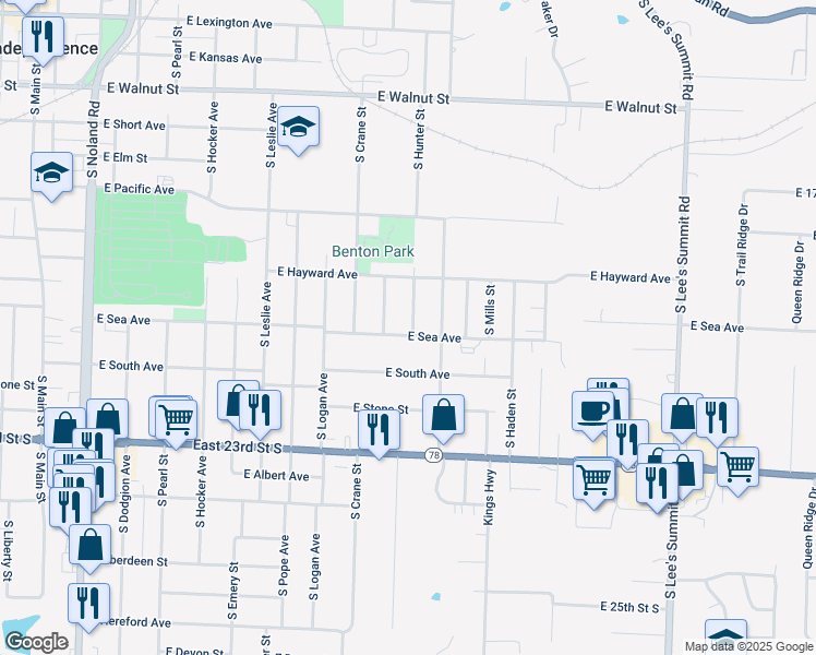 map of restaurants, bars, coffee shops, grocery stores, and more near 822 South Harkless Street in Independence