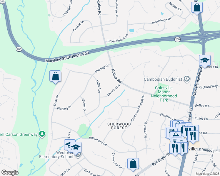 map of restaurants, bars, coffee shops, grocery stores, and more near 13818 Overton Lane in Silver Spring