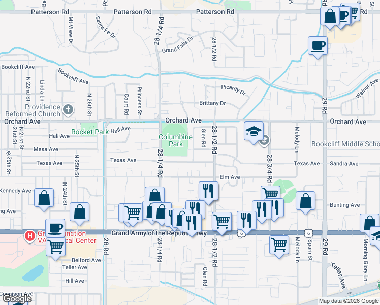 map of restaurants, bars, coffee shops, grocery stores, and more near 2837 1/2 Mesa Avenue in Grand Junction