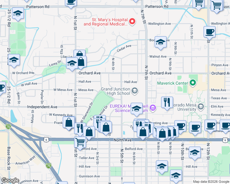 map of restaurants, bars, coffee shops, grocery stores, and more near 455 Mesa Court in Grand Junction