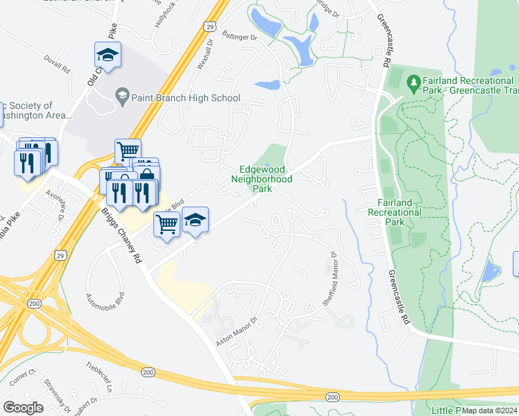 map of restaurants, bars, coffee shops, grocery stores, and more near 3407 Robey Terrace in Silver Spring