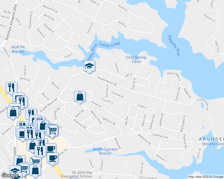 map of restaurants, bars, coffee shops, grocery stores, and more near 210 Cheshire Road in Severna Park