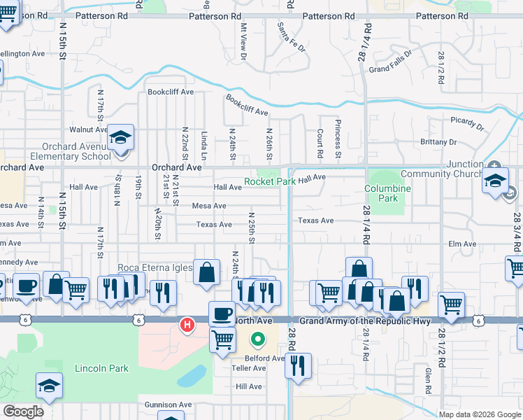 map of restaurants, bars, coffee shops, grocery stores, and more near 2521 Mesa Avenue in Grand Junction