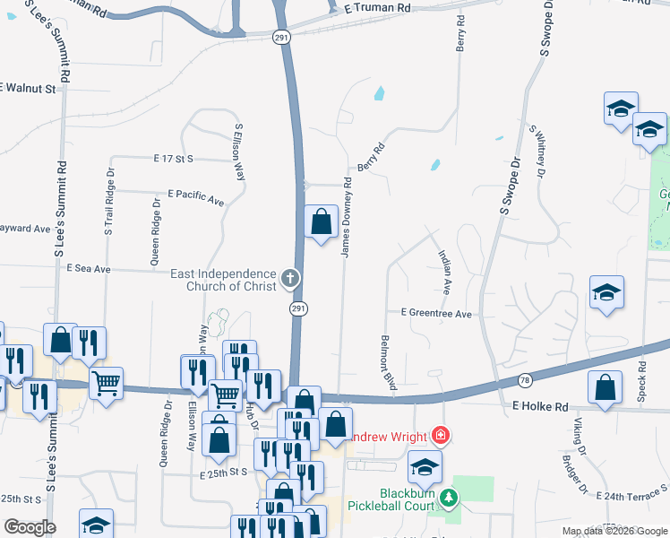 map of restaurants, bars, coffee shops, grocery stores, and more near 2012 James Downey Road in Independence