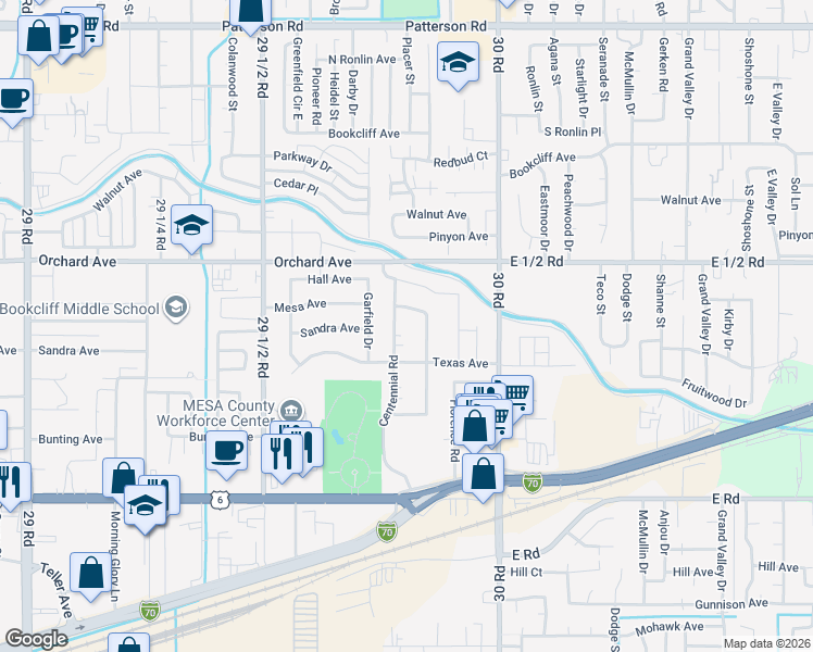 map of restaurants, bars, coffee shops, grocery stores, and more near 531 1/2 Placer Drive in Grand Junction