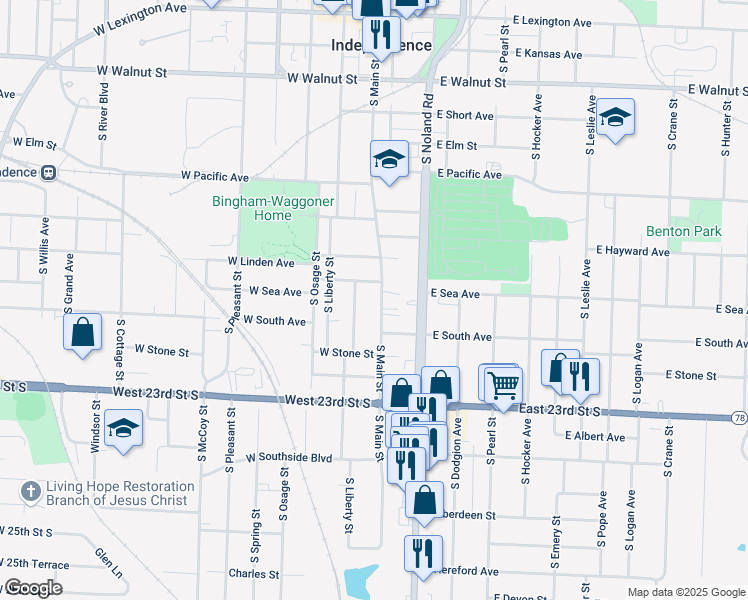map of restaurants, bars, coffee shops, grocery stores, and more near 923 South Washington Street in Independence