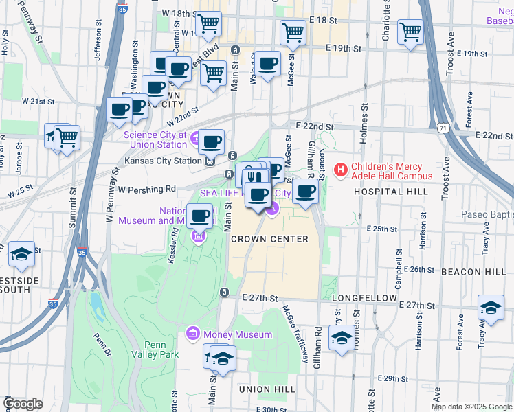 map of restaurants, bars, coffee shops, grocery stores, and more near 2450 Grand Boulevard in Kansas City
