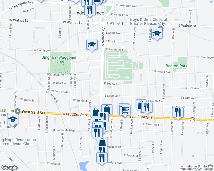 map of restaurants, bars, coffee shops, grocery stores, and more near 207 East Sea Avenue in Independence