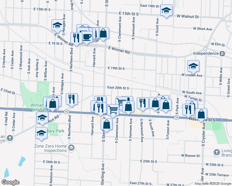 map of restaurants, bars, coffee shops, grocery stores, and more near 2010 South Claremont Avenue in Independence