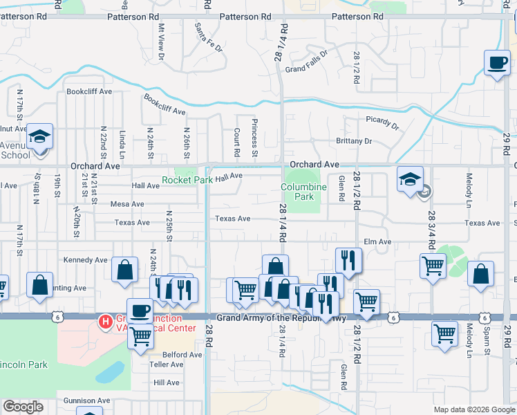 map of restaurants, bars, coffee shops, grocery stores, and more near 2813 Columbine Park Court in Grand Junction