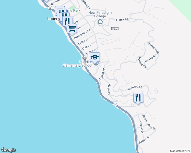 map of restaurants, bars, coffee shops, grocery stores, and more near 6513 State Highway 20 in Lucerne