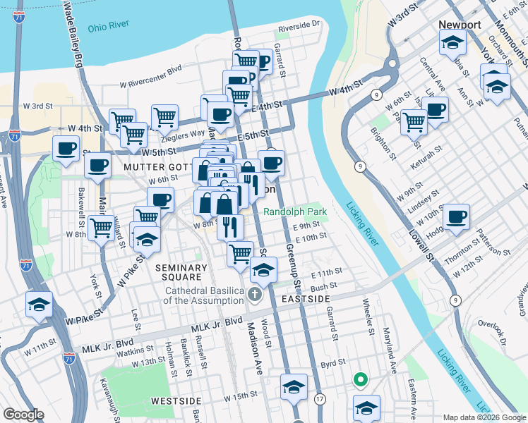map of restaurants, bars, coffee shops, grocery stores, and more near 125 East 8th Street in Covington