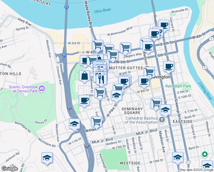 map of restaurants, bars, coffee shops, grocery stores, and more near 716A Willard Street in Covington