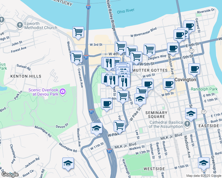 map of restaurants, bars, coffee shops, grocery stores, and more near 701 Bakewell Street in Covington