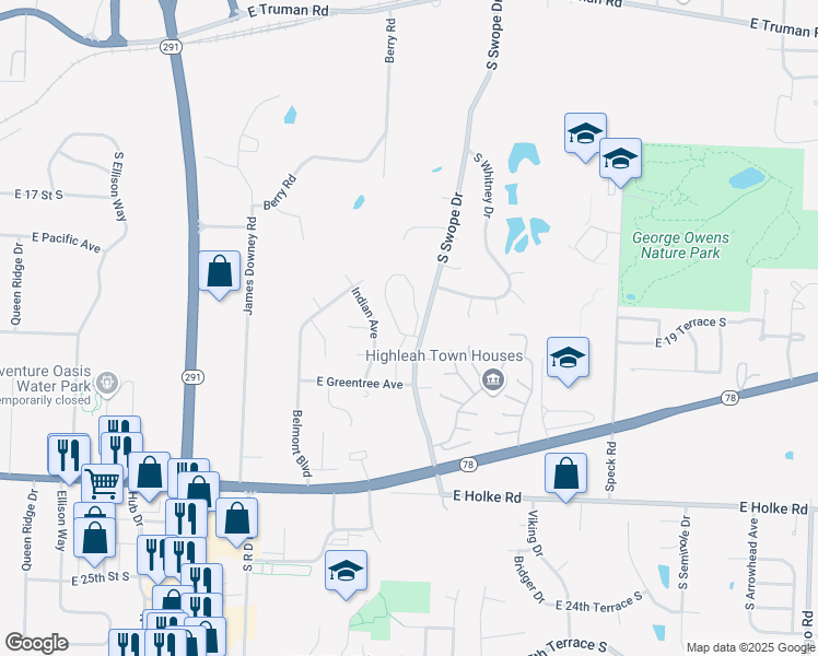 map of restaurants, bars, coffee shops, grocery stores, and more near 1901 South Brookstone Village Court in Independence