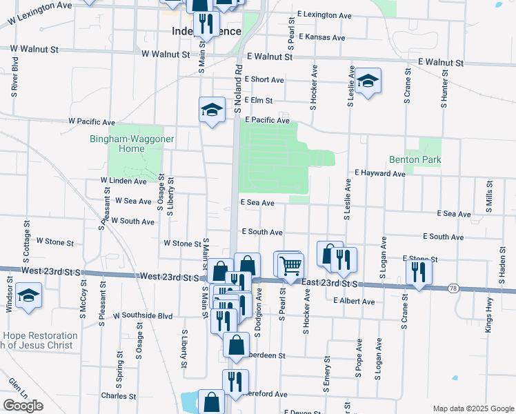 map of restaurants, bars, coffee shops, grocery stores, and more near 207 East Sea Avenue in Independence
