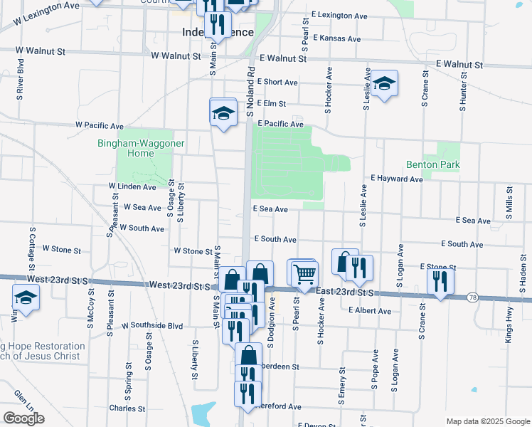 map of restaurants, bars, coffee shops, grocery stores, and more near 207 East Sea Avenue in Independence