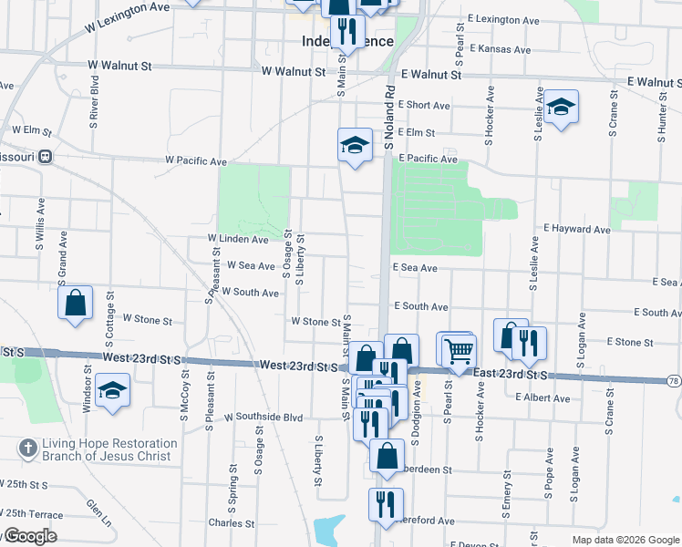 map of restaurants, bars, coffee shops, grocery stores, and more near 923 South Washington Street in Independence