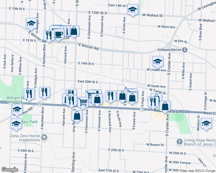 map of restaurants, bars, coffee shops, grocery stores, and more near 2007 South Vermont Avenue in Independence