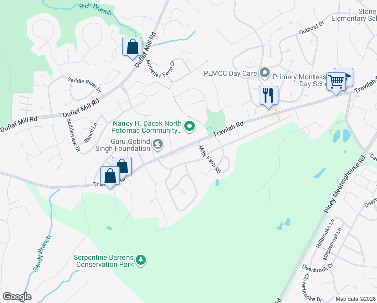 map of restaurants, bars, coffee shops, grocery stores, and more near 13716 Mills Farm Road in Rockville