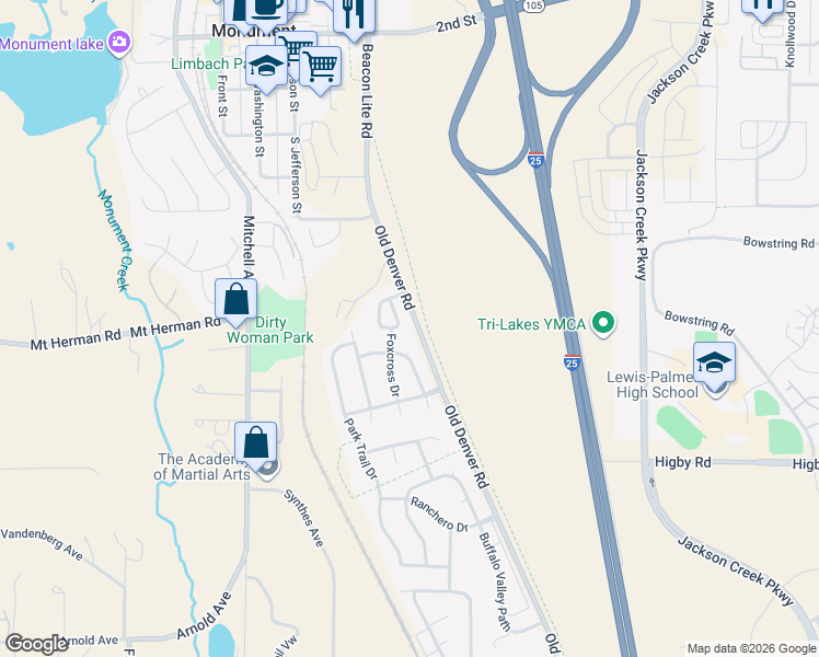 map of restaurants, bars, coffee shops, grocery stores, and more near 2316 Creek Valley Circle in Monument