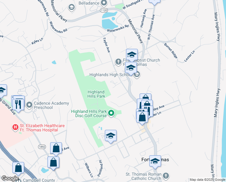 map of restaurants, bars, coffee shops, grocery stores, and more near 28 N Montrose Ave in Fort Thomas