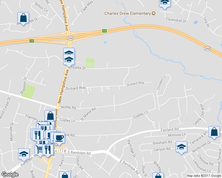 map of restaurants, bars, coffee shops, grocery stores, and more near 809 Orchard Way in Silver Spring