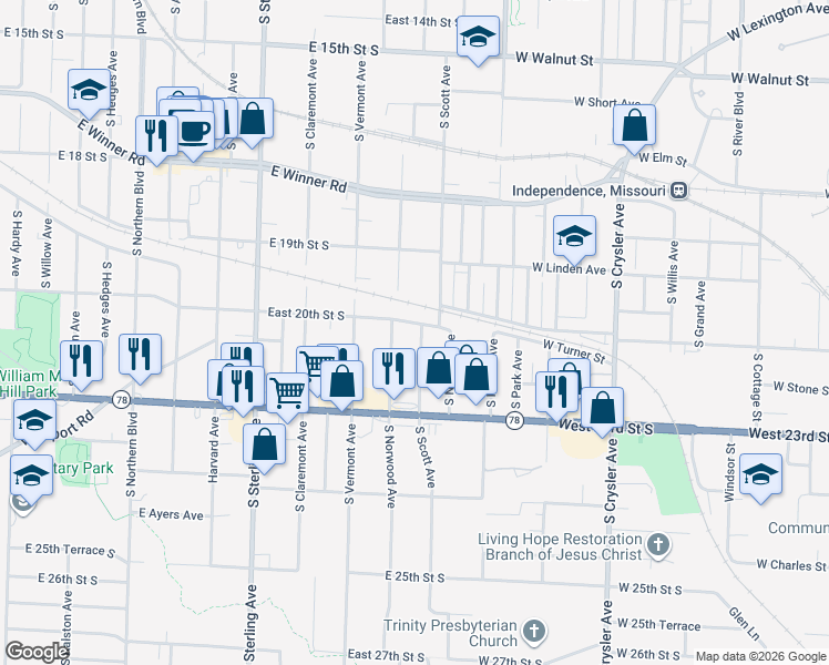 map of restaurants, bars, coffee shops, grocery stores, and more near 2102 South Scott Avenue in Independence