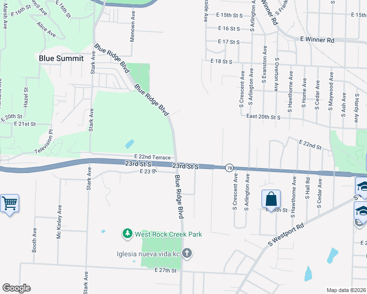 map of restaurants, bars, coffee shops, grocery stores, and more near 2235 Blue Ridge Boulevard in Independence