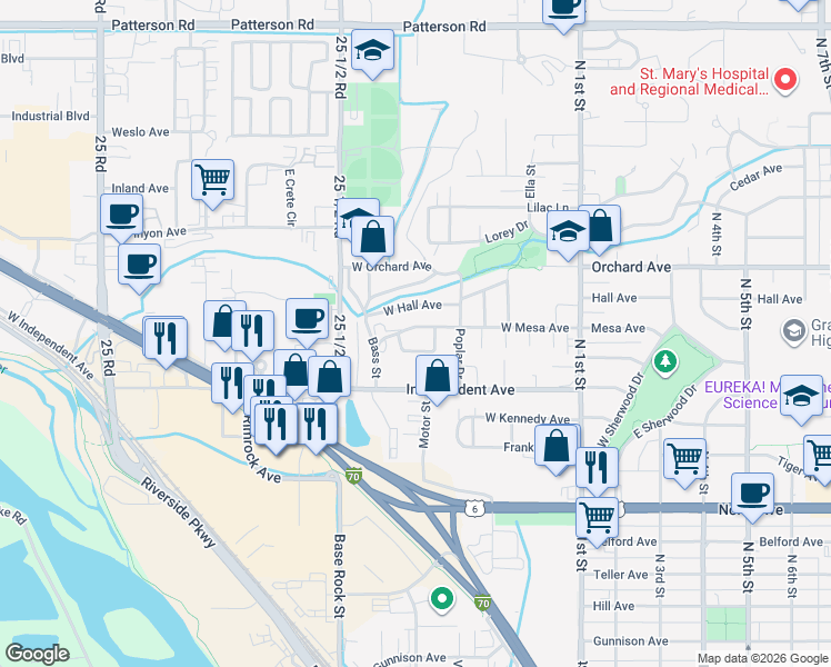 map of restaurants, bars, coffee shops, grocery stores, and more near 635 West Mesa Avenue in Grand Junction