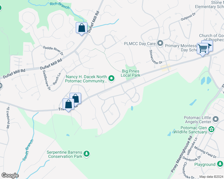 map of restaurants, bars, coffee shops, grocery stores, and more near 14337 Potomac Oaks Drive in Rockville