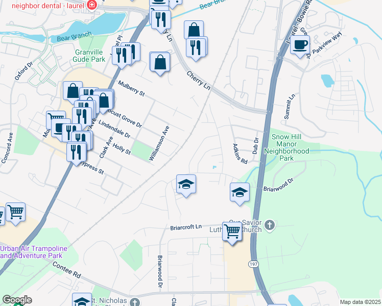 map of restaurants, bars, coffee shops, grocery stores, and more near 8816 Hunting Lane in Laurel