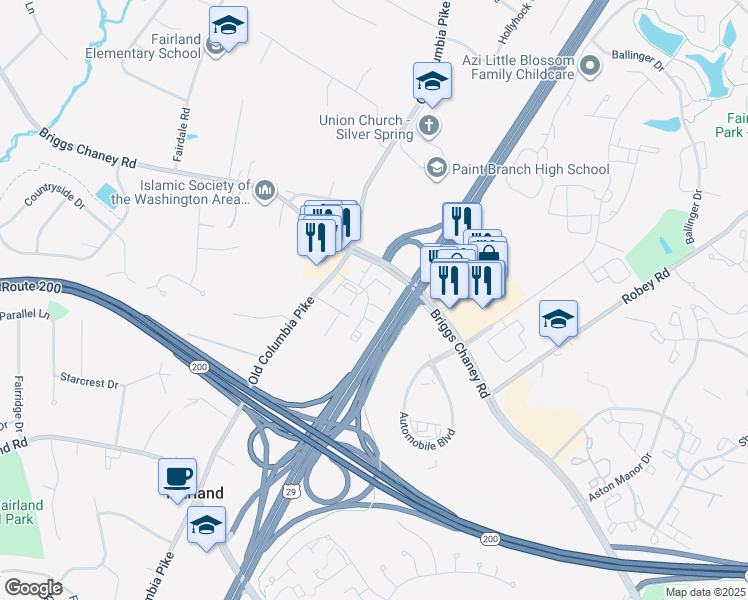 map of restaurants, bars, coffee shops, grocery stores, and more near 2904 Hickory Leaf Way in Silver Spring