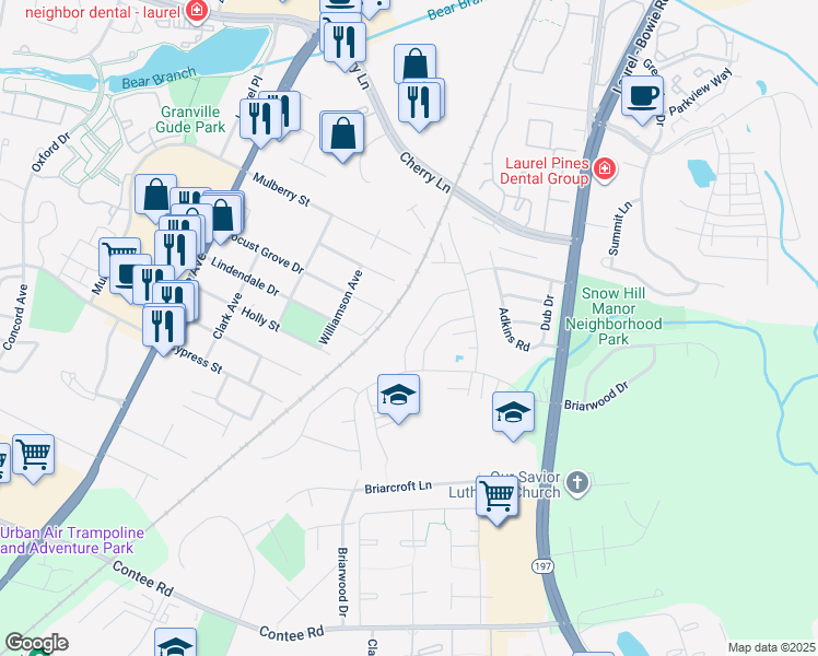map of restaurants, bars, coffee shops, grocery stores, and more near 8800 Hunting Lane in Laurel
