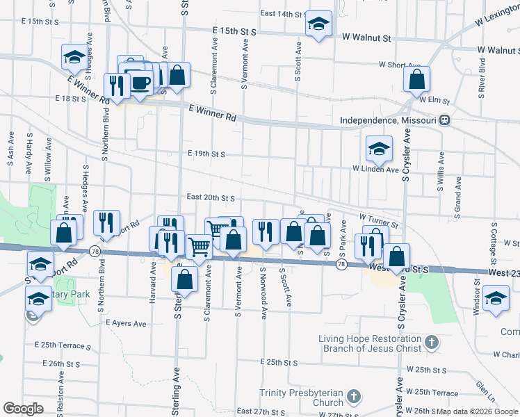 map of restaurants, bars, coffee shops, grocery stores, and more near 2007 South Vermont Avenue in Independence