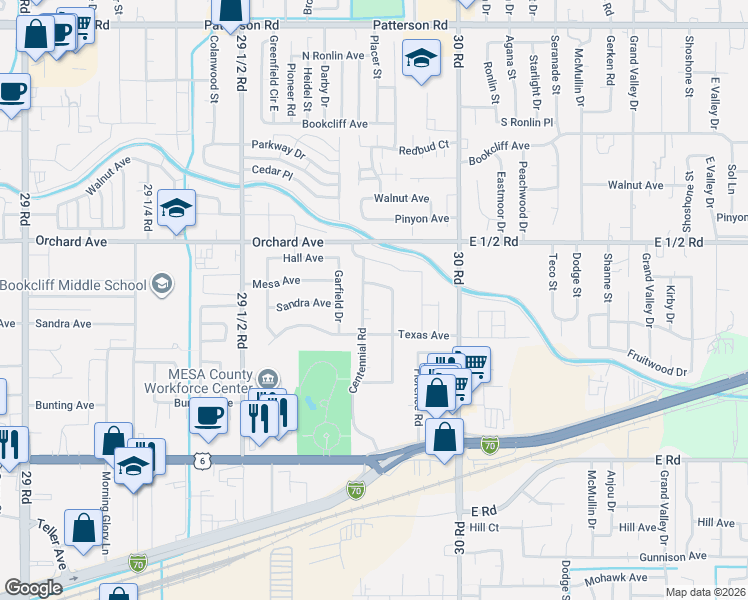 map of restaurants, bars, coffee shops, grocery stores, and more near 531 1/2 Placer Drive in Grand Junction