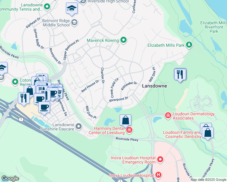 map of restaurants, bars, coffee shops, grocery stores, and more near 19292 Creek Field Circle in Leesburg