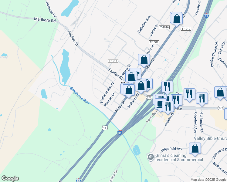 map of restaurants, bars, coffee shops, grocery stores, and more near 161 Pittman Court in Stephens City