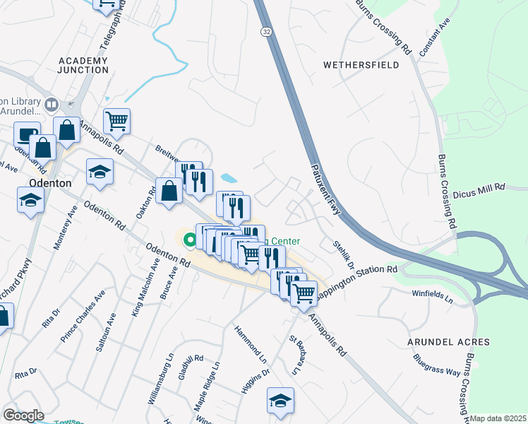 map of restaurants, bars, coffee shops, grocery stores, and more near 674 Lions Gate Lane in Odenton