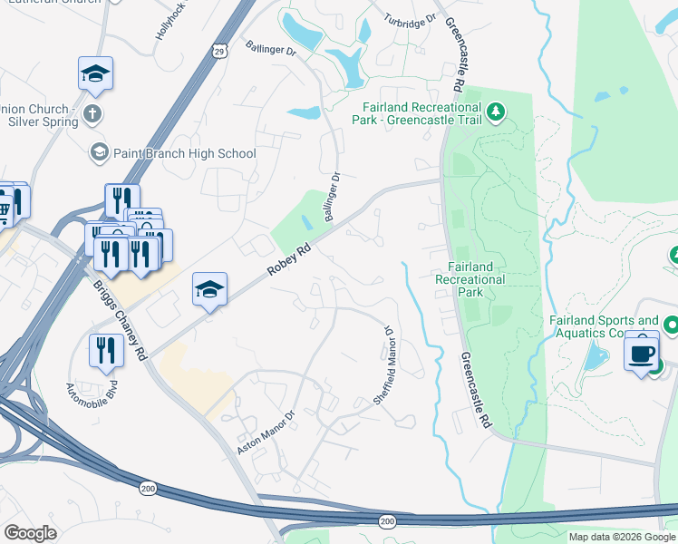 map of restaurants, bars, coffee shops, grocery stores, and more near 13831 Palmer House Way in Silver Spring