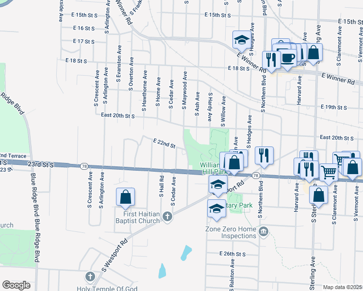 map of restaurants, bars, coffee shops, grocery stores, and more near 2100 South Maywood Avenue in Independence