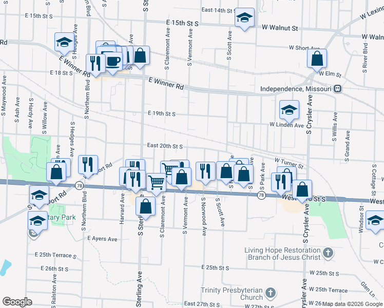 map of restaurants, bars, coffee shops, grocery stores, and more near 2007 South Vermont Avenue in Independence