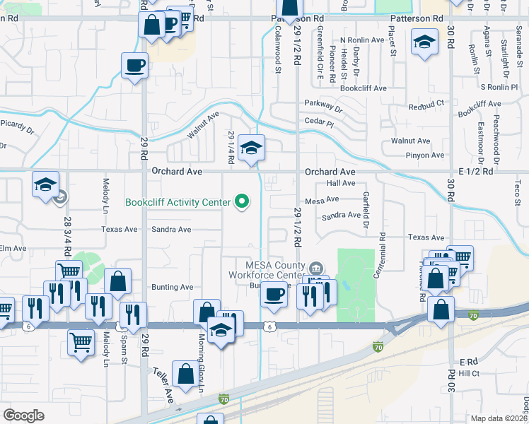 map of restaurants, bars, coffee shops, grocery stores, and more near 539 29 3/8 Road in Grand Junction