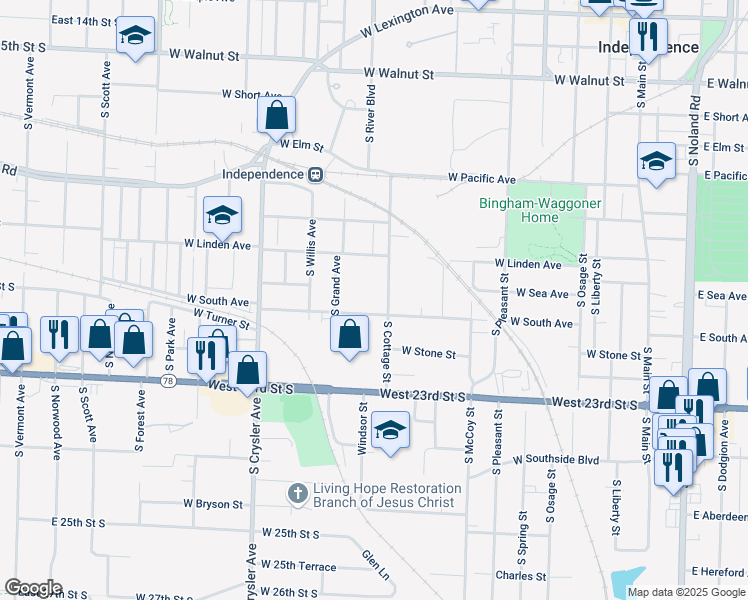 map of restaurants, bars, coffee shops, grocery stores, and more near 924 West South Avenue in Independence