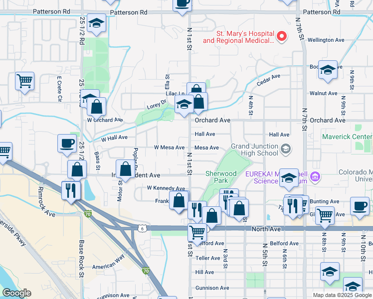 map of restaurants, bars, coffee shops, grocery stores, and more near 1655 North 1st Street in Grand Junction