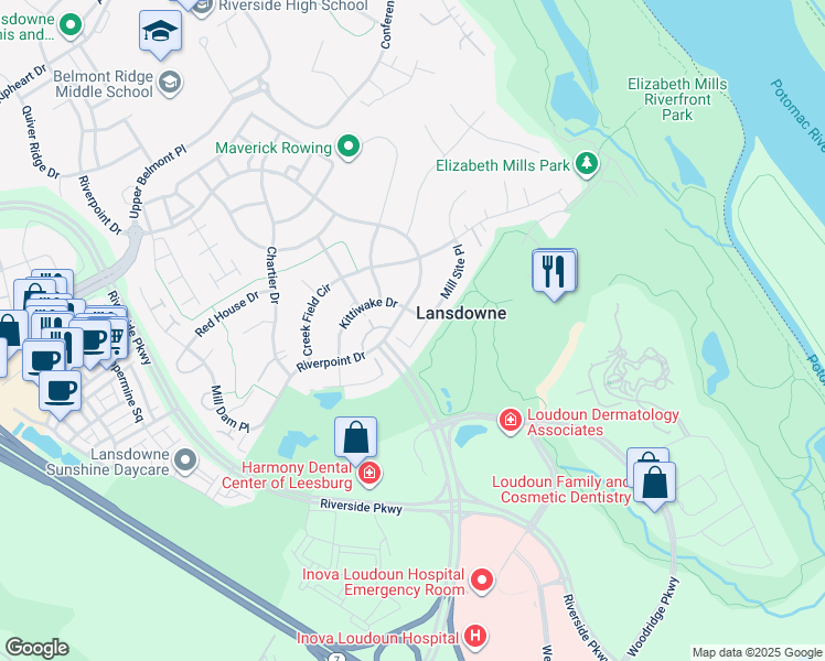 map of restaurants, bars, coffee shops, grocery stores, and more near 19271 Mill Site Place in Leesburg