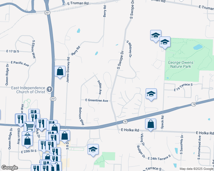 map of restaurants, bars, coffee shops, grocery stores, and more near 1901 South Brookstone Village Court in Independence